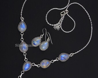 Conjunto de collar y pendientes de piedra lunar en forma de pera, joyería nupcial bañada en plata de ley.