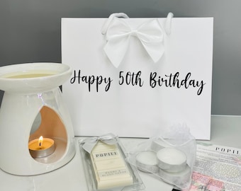 Happy 50th Birthday Wax Melt Gift Set with Burner, Luxurious Wax Melt Gift Bag, Wax Melt Starter Pack, Hamper, Warmer, Popili Home Hamper
