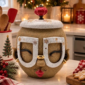 Elf Handmade ceramic face jar with lid-Christmas *Oopsie*