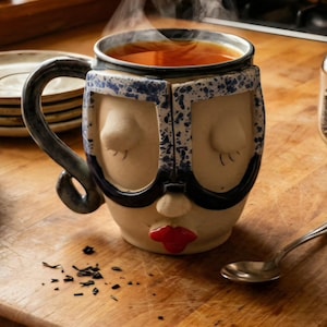 May include: A ceramic mug shaped like a face with closed eyes, a nose, and red lips. The mug features blue and white speckled glasses frames, a curved handle, and is filled with a steaming hot brown liquid, emitting visible wisps of steam.