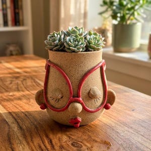 Handmade ceramic face planter, cover/cache pot