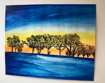 Peinture originale de paysage de coucher du soleil, paysage gelé, neige, glace et soleil