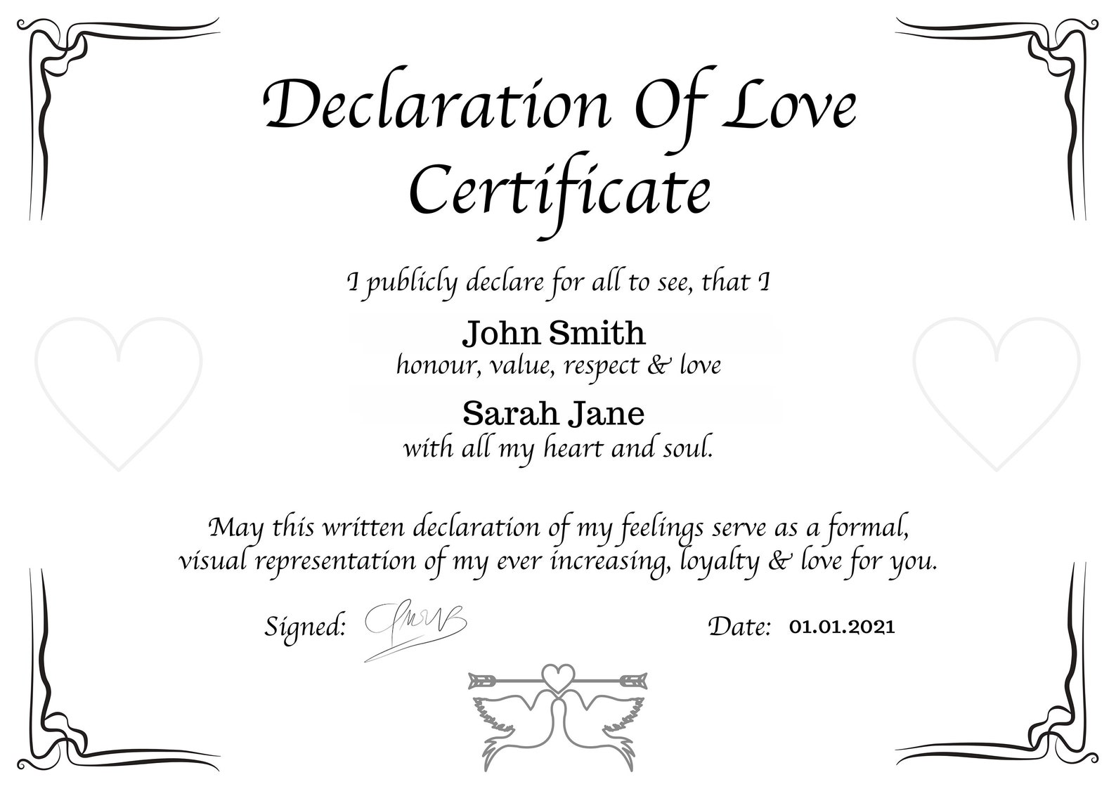 Declaration of Love Certificate/romantic Gift/personalised - Etsy