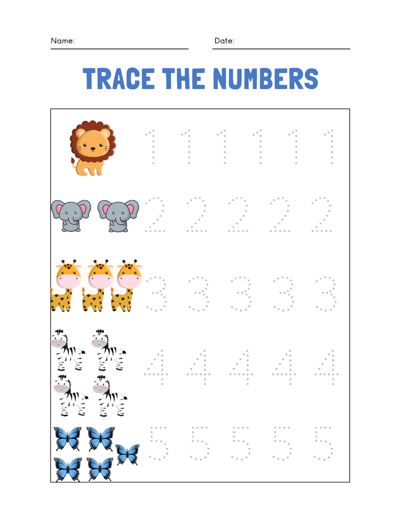 Tracing numbers one to five worksheet etsy