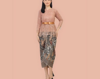 Stylish Kebaya Set With Wrapped Batik Skirt Ideal,kebaya Dress