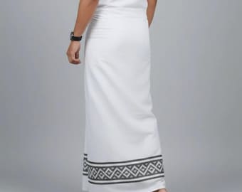 White Sarong Embossed Floral Embroidery, Men's Prayer Wrap