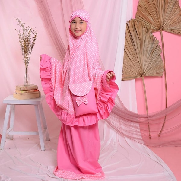 Your Little Princess Deserves the Best Pink Polka Dot Cotton Children's Mukena, Muslim prayer outfit, Gamis Dress, Prayer Dress Girl