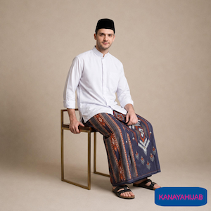 May include: A white long-sleeved button-down shirt paired with a dark blue sarong featuring a multi-colored geometric pattern in orange, white, and black. The outfit includes a black peci cap and black sandals. The text KANAYAHIJAB is visible.
