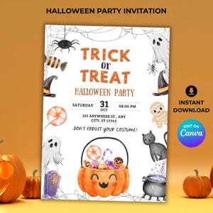 Puede incluir: Invitación a una fiesta de Halloween con una cesta de calabaza llena de caramelos, fantasmas, arañas y un gato negro. La invitación dice "Trick or Treat" e incluye los detalles del evento. El diseño es sobre un fondo blanco con detalles en naranja.