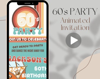 Pode incluir: Um convite digital para uma festa com tema dos anos 60. O convite apresenta um design retro com um círculo colorido que diz "60's Party" e uma van vintage. O texto do convite diz "Junte-se a nós para celebrar o 60º aniversário de Jackson."