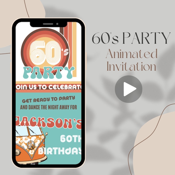 Back To The 60s Party Invitation. 1960s Theme Birthday Animated Invitation with 60's Music Background.