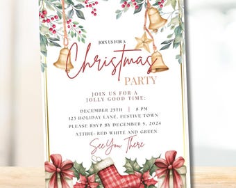 May include: A Christmas party invitation with a gold border, featuring watercolor illustrations of bells, berries, and greenery. The invitation text reads "Join us for a Christmas Party" with event details and RSVP information. The bottom features gifts and a stocking.