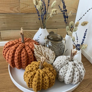 Könnte beinhalten: Drei gehäkelte Kürbisse in Orange, Senfgelb und Beige auf einem weißen Tablett mit getrockneter Lavendel in Vasen.