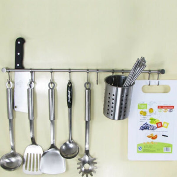Stainless Steel Brushed Hanging Rail for Kitchen Utensils Wall Mounted Rack Hook