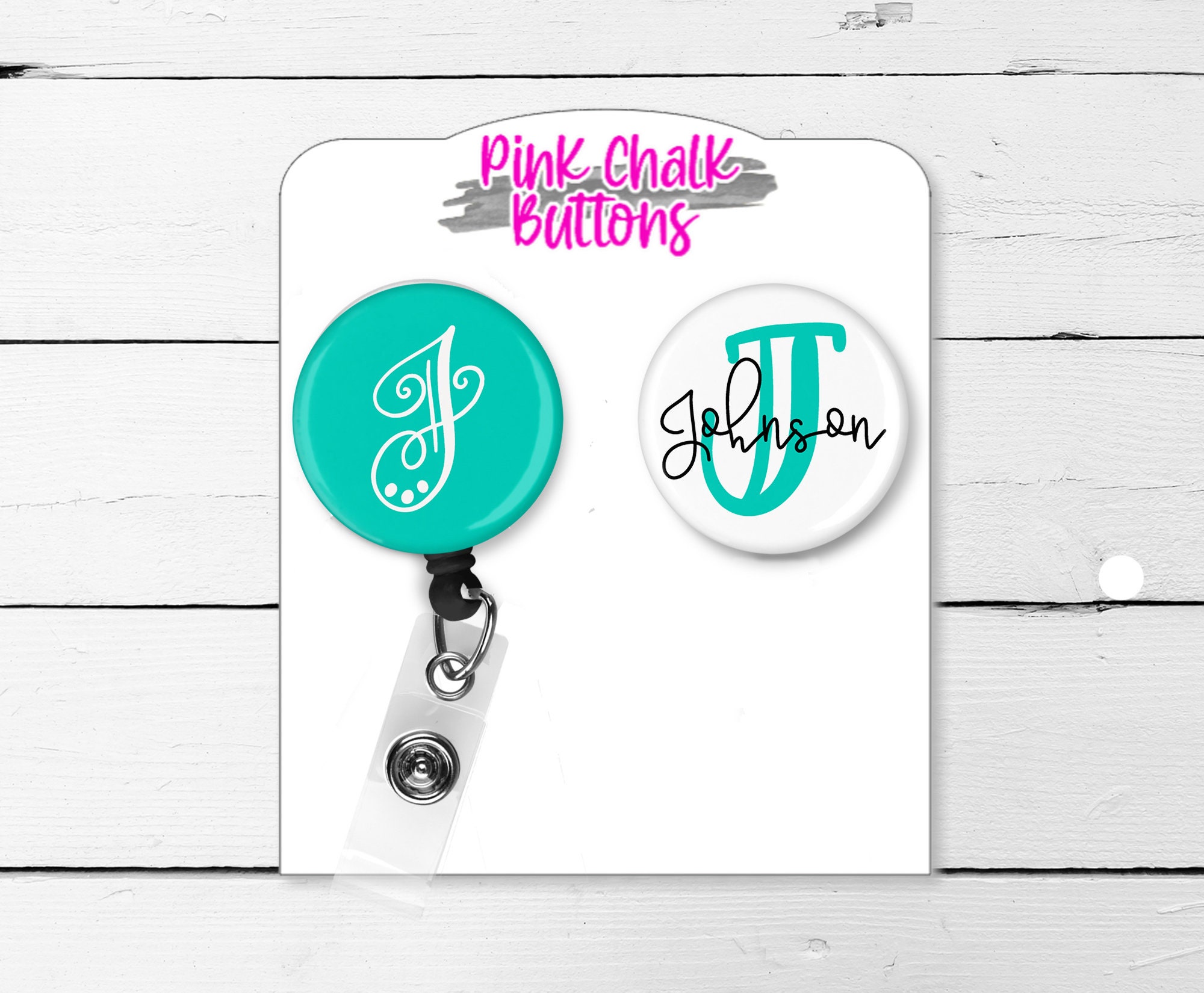 Personalized Monogram Badge Reel, 2 Interchangeable Toppers, 1.5 Buttons, Gift for Teacher