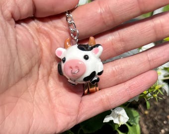 Handmade Polymer Clay Cow Keychain Charm – Whimsical Bag Accessory