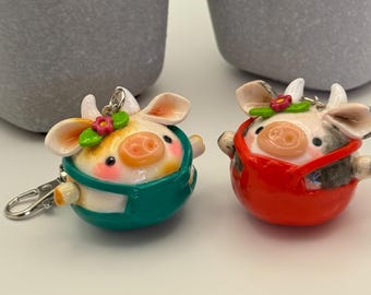 Fat Cow Keychains – Handmade Polymer Clay Charm with UV Resin Finish
