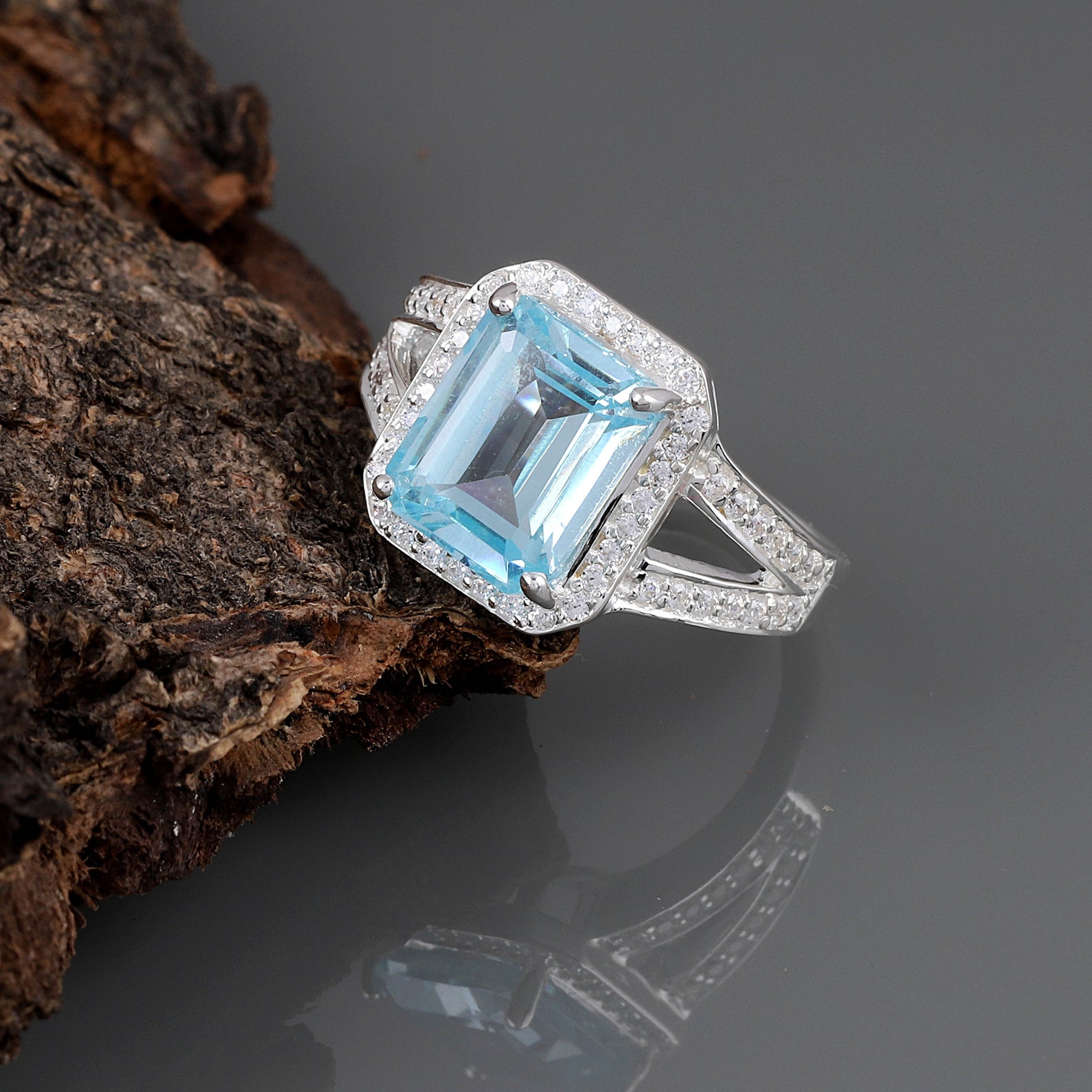 Aquamarin Stein Ring Zirkonia Ring 925 Silber Ring Oktagon Etsy