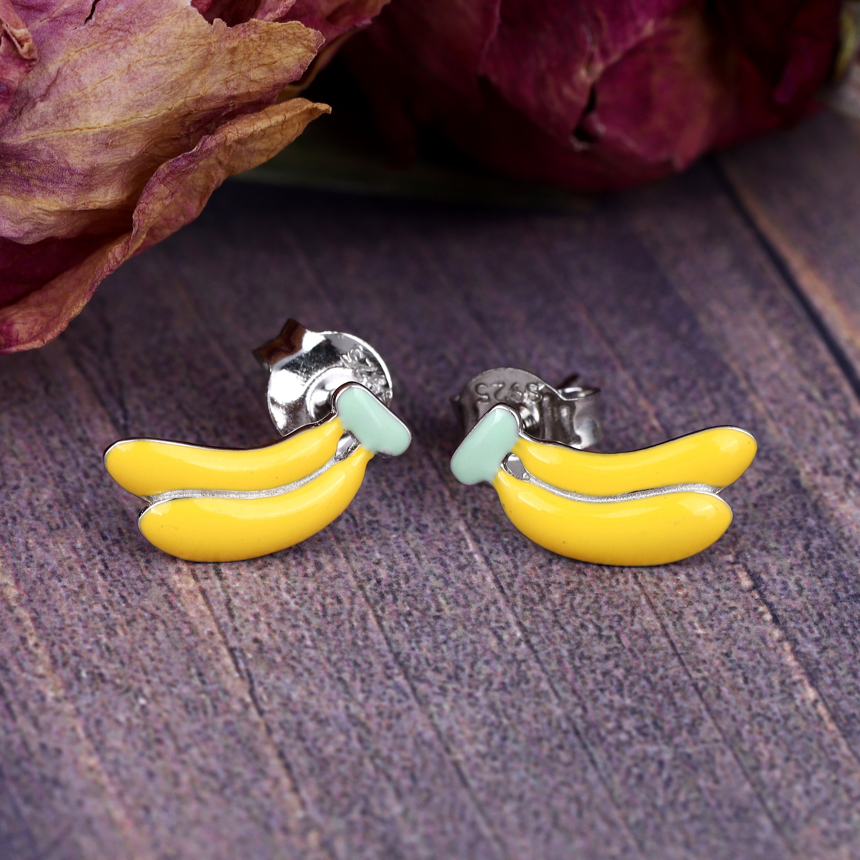 925 Sterling Silver Banana Fruit Kids Girl Women Stud Earrings Jewellery Gift 