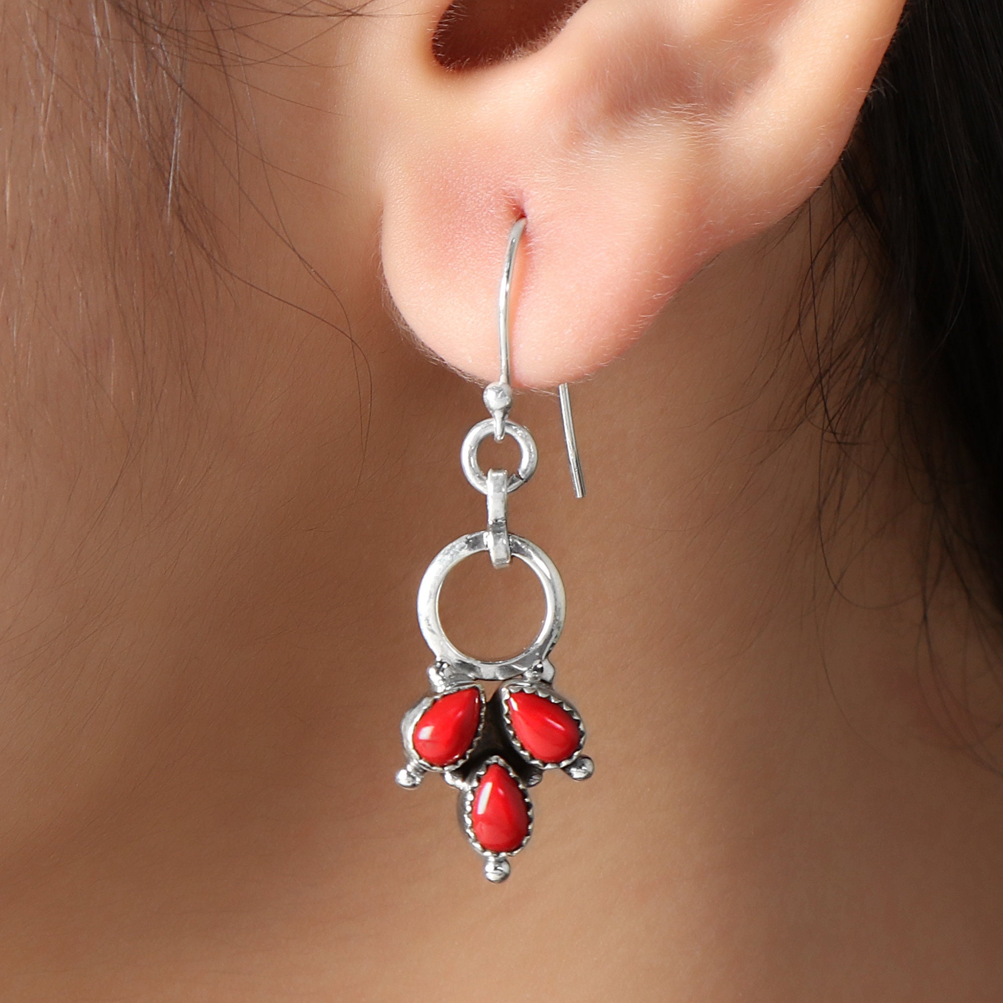 Natural Red Coral Gemstone Carved Bird Dangle Sterling Silver Earrings 