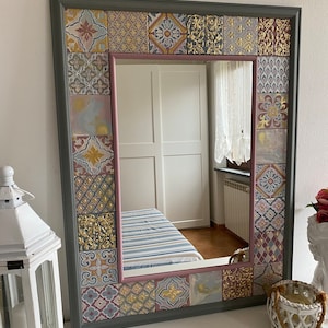 Wall decor mirror, handmade tile decorations, decorative mirror framed with painted tiles, exclusive square mirror,, ceramic painting.