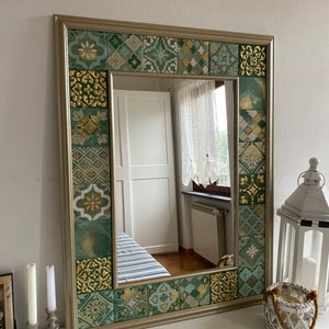 Wall decor mirror, handmade tile decorations, decorative mirror framed with painted tiles, exclusive square mirror,, ceramic painting.