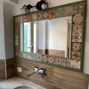 Wall decor mirror, handmade tile decorations, decorative mirror framed with painted tiles, exclusive square mirror,, ceramic painting.