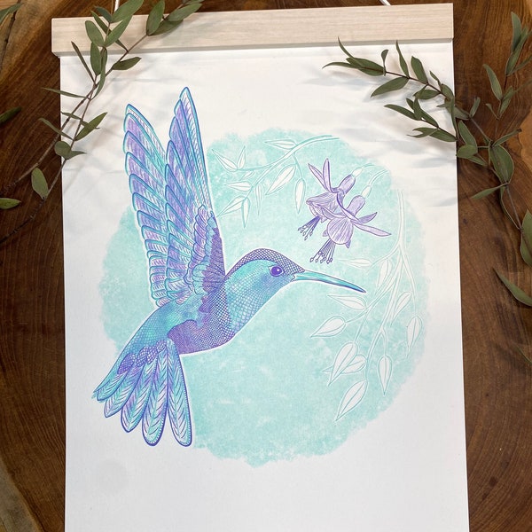 Riso printed A4Hummingbird animal print kids decor home wall art illustrated poster handmade Riso graph wild safari jungle purple blue retro