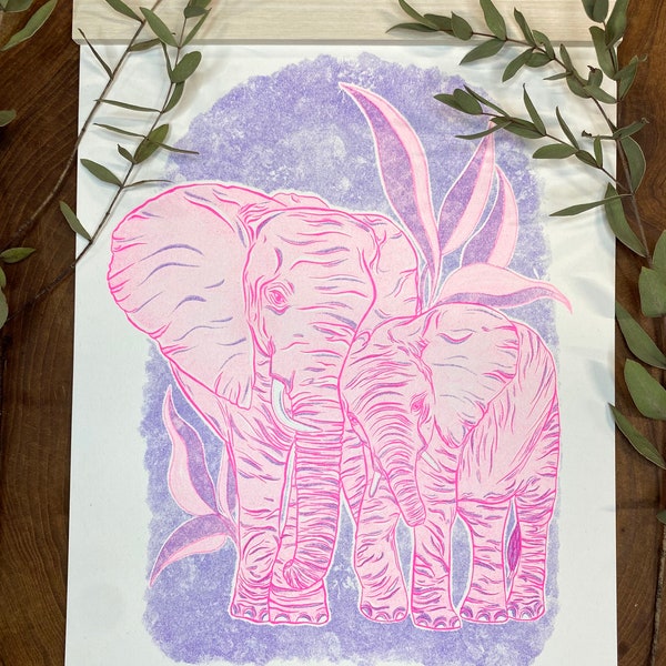 Riso printed A4 Elephants animal print kids decor home wall art illustrated poster handmade Riso graph wild safari jungle pink purple retro