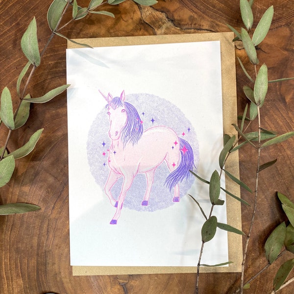 Riso printed A6 Unicorn Blank Birthday card decor home art illustrated vibrant handmade Riso graph sparkle horse pink purple retro magic