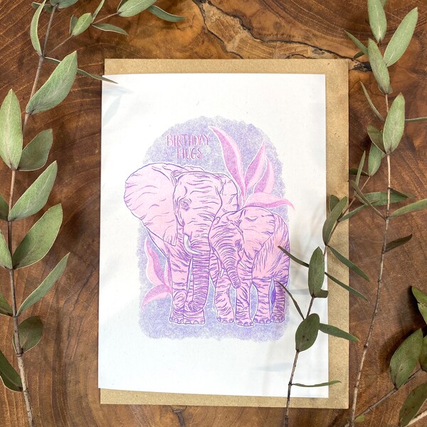 Riso printed A6 Elephants ‘Birthday Hugs’ card decor home wall art illustrated poster handmade Riso graph safari jungle pink purple retro