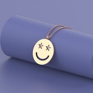 14k Solid Gold Smiley Emoji Emoji Halskette, Silber Smiley Anhänger, Geschenk für Sie