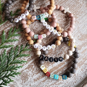 The {FAITH} Letter Bead Wooden Bracelet // Cross Bracelet// Pray Bracelet // Inspirational Word Bracelet