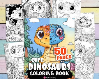 May include: A coloring book with a cover featuring a cute cartoon dinosaur with orange and blue scales. The cover also includes the text "Cute Dinosaurs Coloring Book" and "50 Pages".