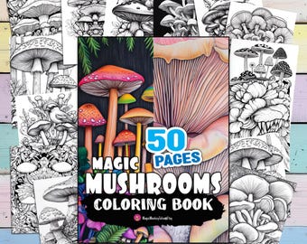 50 páginas para colorear de hongos / Páginas para colorear digitales de hongos / Páginas para colorear digitales / Hongo mágico