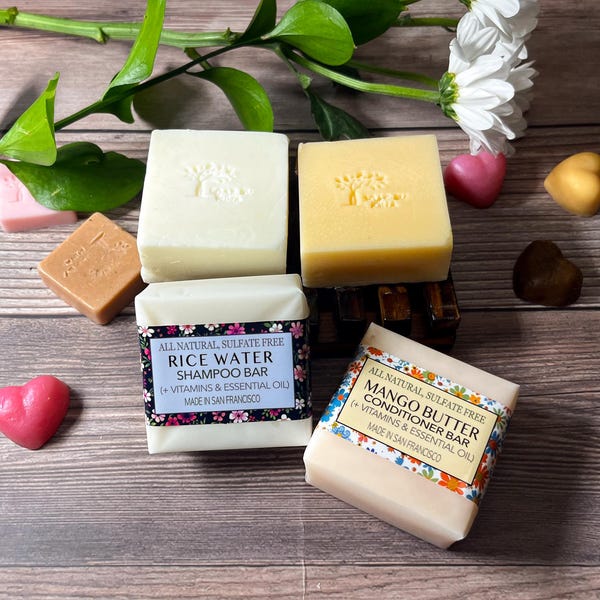 Rice Water Shampoo Bar and Mango Butter Conditioner Bar Duo, All Natural, Sulfate Free,