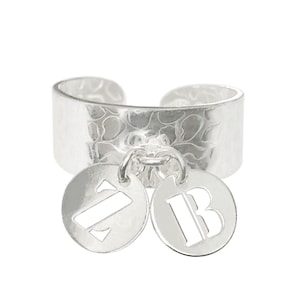 Anillo de plata 925 personalizado, anillo de anillo ancho ajustable y dijes de lentejuelas redondas número de letra inicial de medallón personalizable, boho