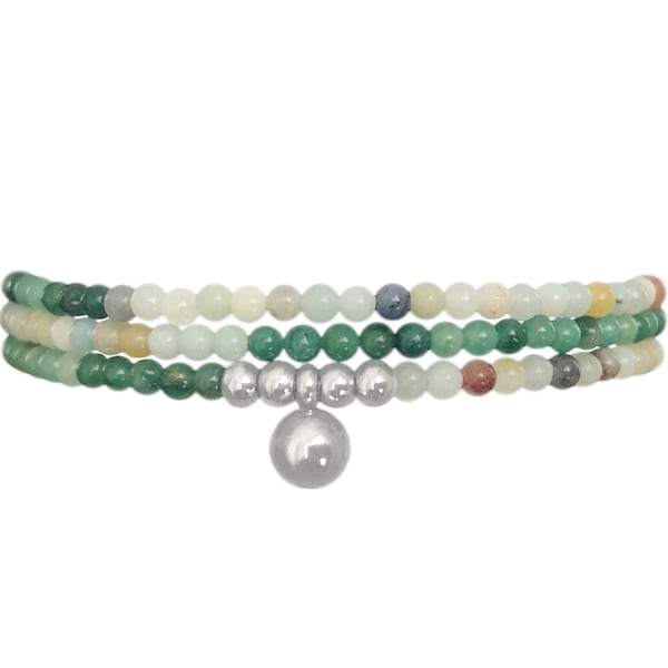 Bracelet multi rang perles naturelles semi précieuses amazonite et jade africaine vert, perles acier inoxydable argent, bracelet multi tour