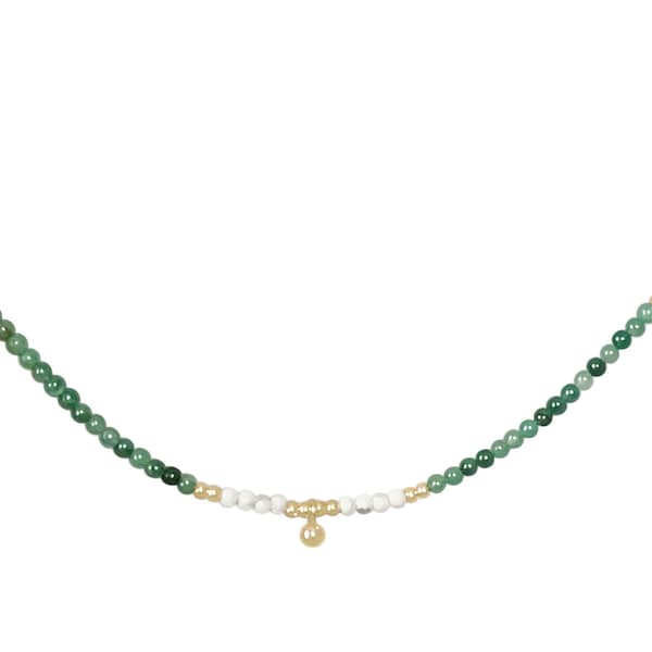 Collier perles rondes naturelles semi précieuses de jade, couleur verte, et perles acier inoxydable argenté ou doré, collier ras du cou