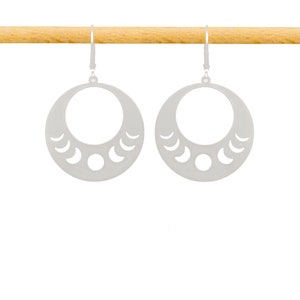 Silvery stainless steel earrings, large openwork round pendant, moon phases, ethnic and minimalist sleepers, women&#39;s gift