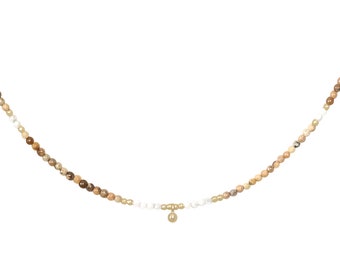 Ketting met halfedelstenen natuurlijke ronde kralen, beige landschapsjaspis en zilveren of gouden roestvrijstalen kralen, chokerketting