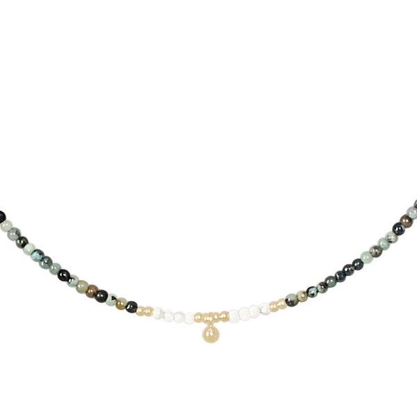 Natural semi precious African turquoise green bead necklace, and silver or gold stainless steel beads, choker necklace
