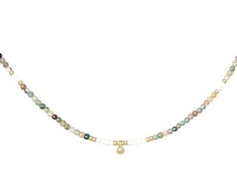 Necklace round natural semi precious Indian agate green beads and silver or gold stainless steel beads, choker necklace