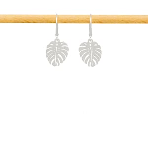 Silver stainless steel earrings, small monstera deliciosa leaf pendant, minimalist and boho sleepers, charm jewelry