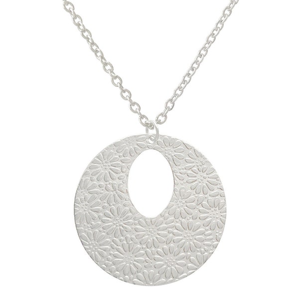 Collier en acier inoxydable argenté grand pendentif cercle rond fleur, collier femme acier inoxydable argenté, sautoir minimaliste, cadeau