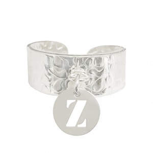 Personalisierter 925er Silberring, verstellbarer Ring Ring und runder Pailletten-Anhänger, personalisierbares Anfangsbuchstaben-Medaillon, Damengeschenk, Boho