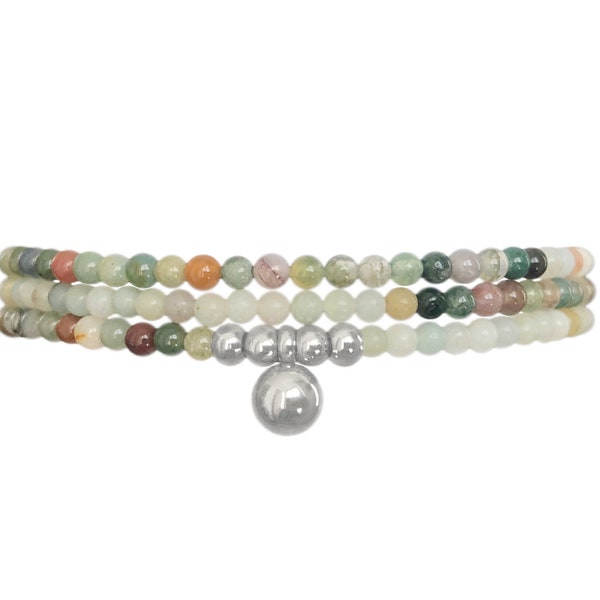 Bracelet multirang perles naturelles semi précieuses amazonite et agate indienne, et perles acier inoxydable argenté, bracelet trois rangs