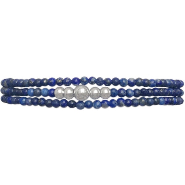 Bracelet 3 rangs perles naturelles semi précieuses lapis lazuli couleur bleu perles acier inoxydable argenté, bracelet multirang femme