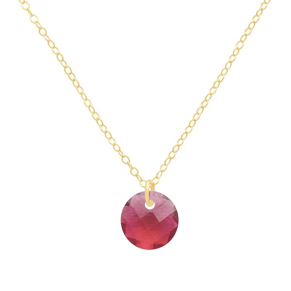 Gold necklace gold filled 14k round pendant semi precious natural stone quartz red color, colorful minimalist gold plated necklace