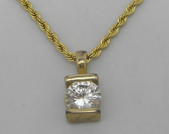 Solid 14ct Gold White Gemstone Pendant Necklace 18" Fantastic Vintage Condition